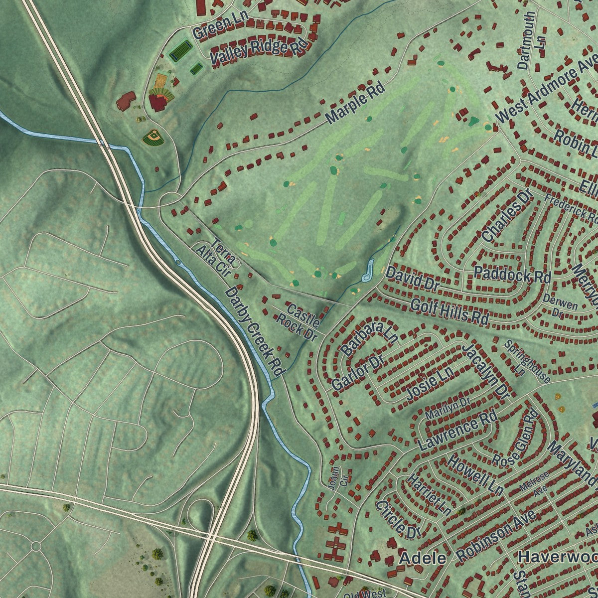 Second close-up of the map of Haverford, Pennsylvania print showing more streets and buildings