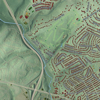 Second close-up of the map of Haverford, Pennsylvania print showing more streets and buildings