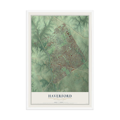 Map of Haverford, Pennsylvania, 12 x 18 inch print in a white wood frame