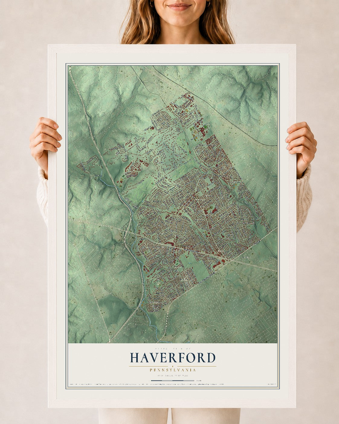 Map of Haverford, Pennsylvania, 24 x 36 inch print in a white wood frame