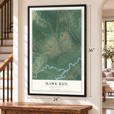 Hawk Run, Pennsylvania map, 24 x 36 inch print in a black frame by a staircase