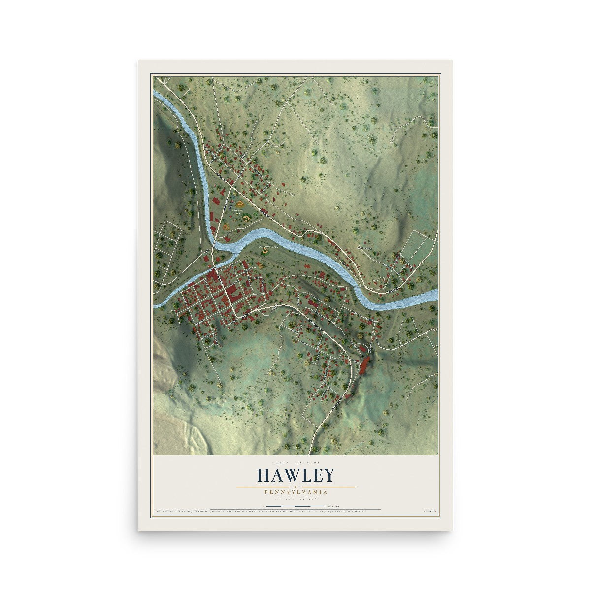 Map of Hawley, Pennsylvania, 12 x 18 inch unframed archival matte print