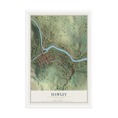 Map of Hawley, Pennsylvania, 12 x 18 inch print in a white wood frame