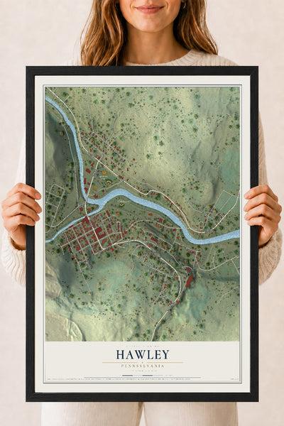 Map of Hawley, Pennsylvania, 18 x 24 inch print in a black wood frame