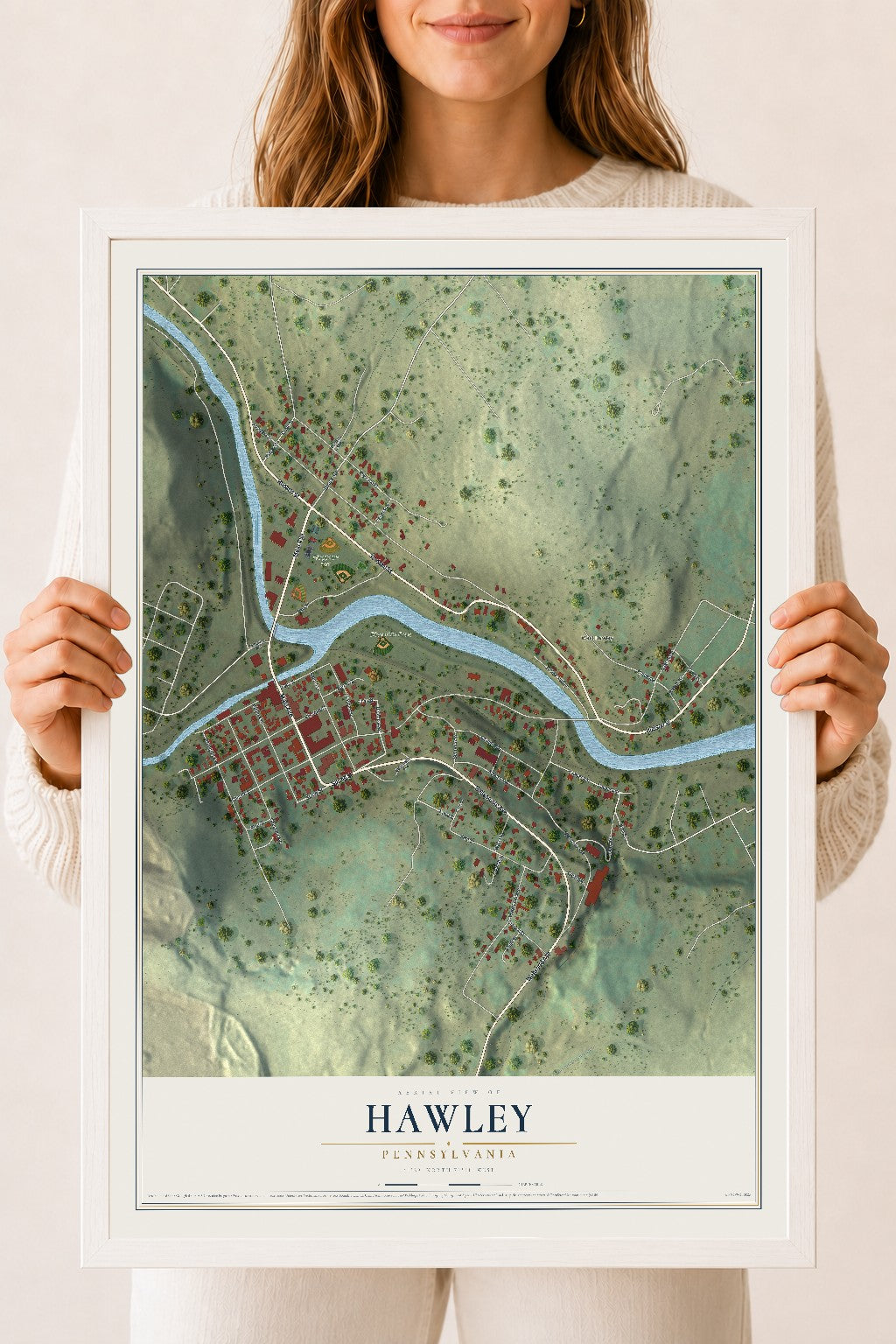 Map of Hawley, Pennsylvania, 18 x 24 inch print in a white wood frame