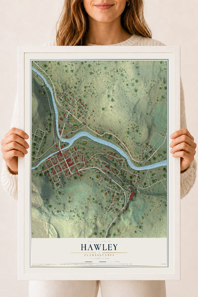 Map of Hawley, Pennsylvania, 18 x 24 inch print in a white wood frame