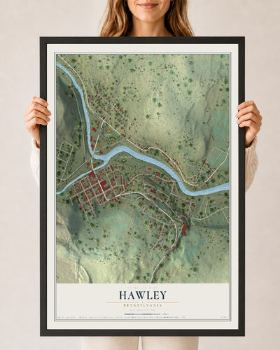 Map of Hawley, Pennsylvania, 24 x 36 inch print in a black wood frame