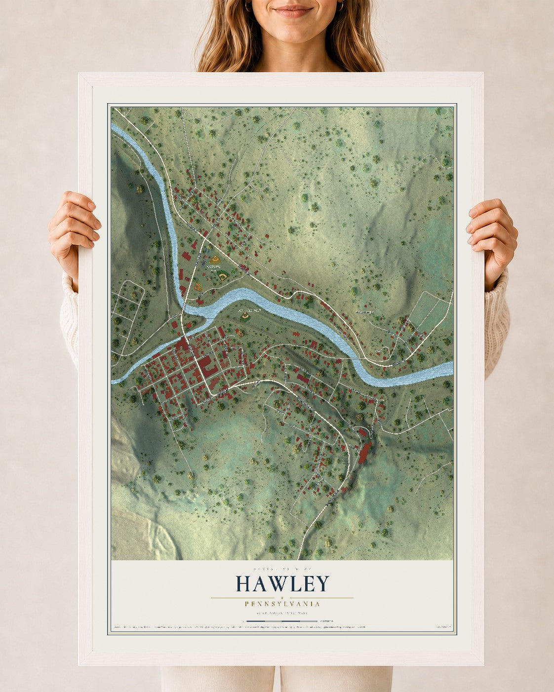 Map of Hawley, Pennsylvania, 24 x 36 inch print in a white wood frame