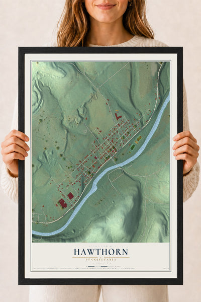 Map of Hawthorn, Pennsylvania, 18 x 24 inch print in a black wood frame