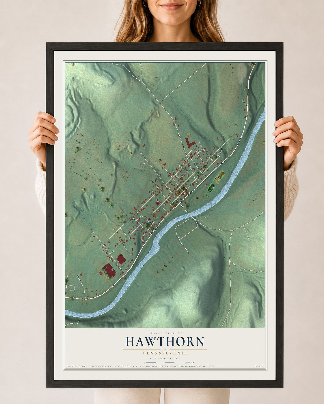 Map of Hawthorn, Pennsylvania, 24 x 36 inch print in a black wood frame