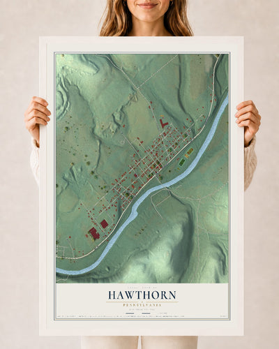 Map of Hawthorn, Pennsylvania, 24 x 36 inch print in a white wood frame