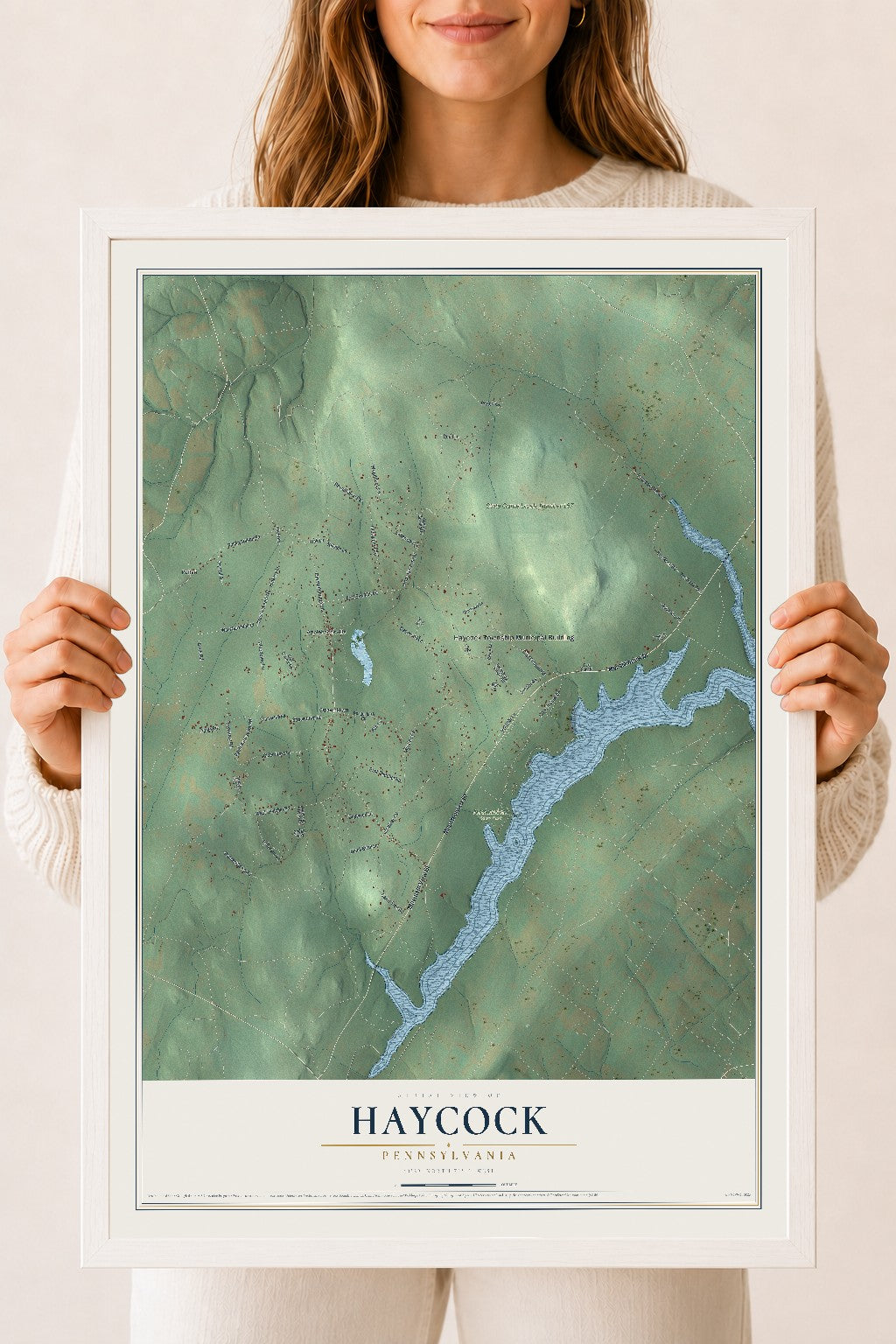 Map of Haycock, Pennsylvania, 18 x 24 inch print in a white wood frame