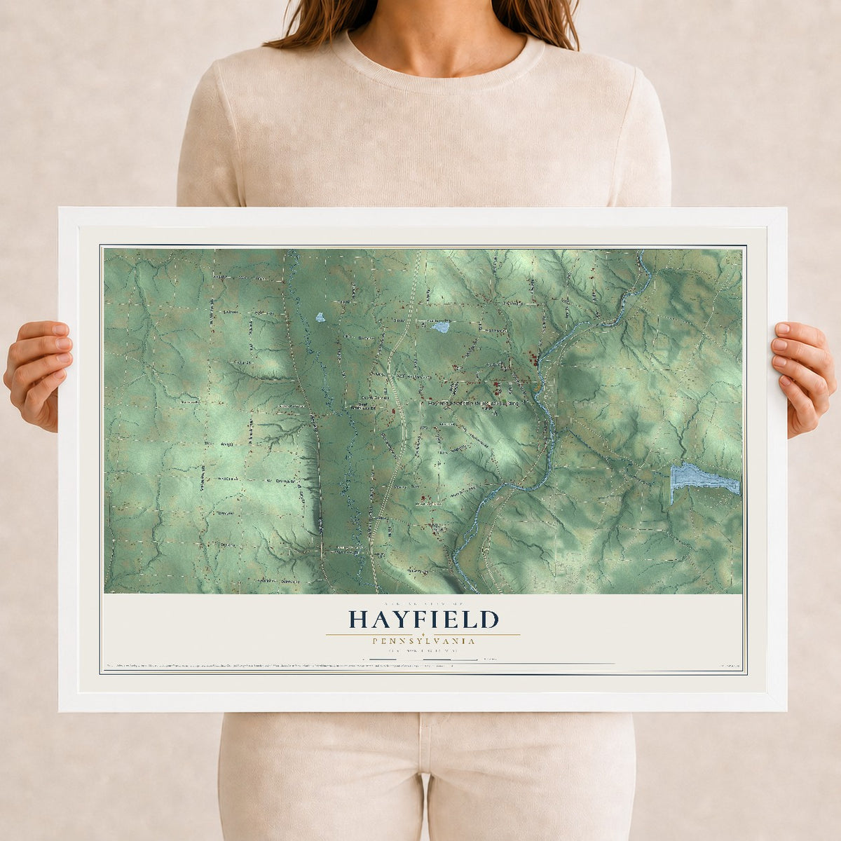 Map of Hayfield, Pennsylvania, 12 x 18 inch print in a white wood frame