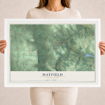 Map of Hayfield, Pennsylvania, 18 x 24 inch print in a white wood frame