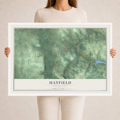 Map of Hayfield, Pennsylvania, 24 x 36 inch print in a white wood frame