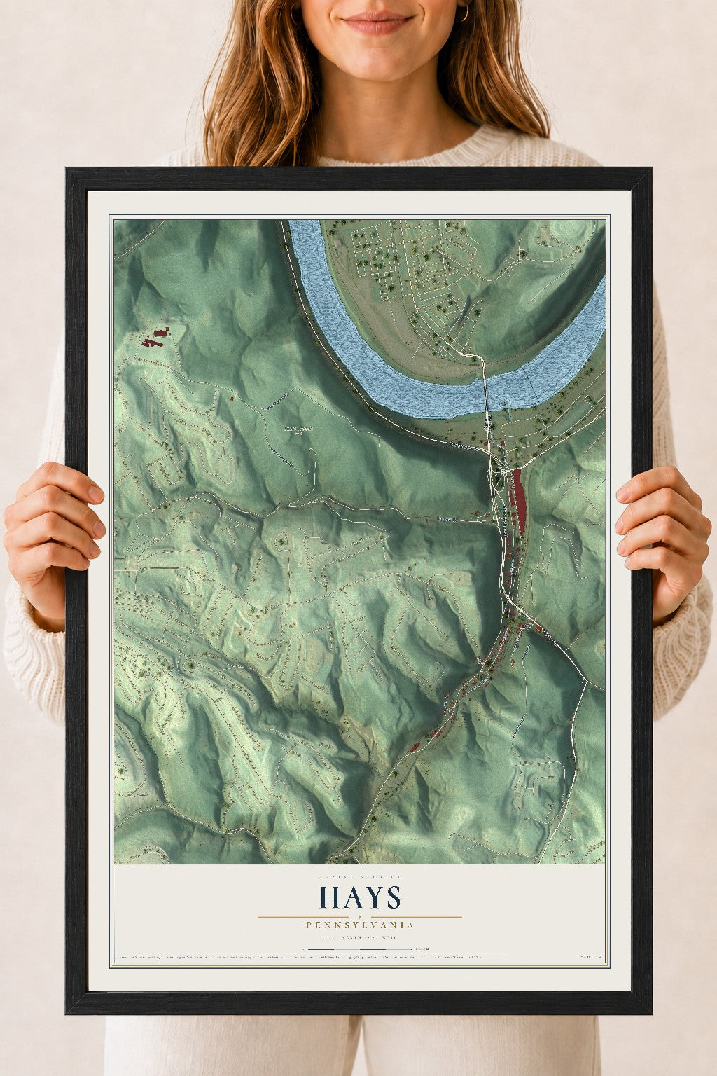 Map of Hays, Pennsylvania, 18 x 24 inch print in a black wood frame