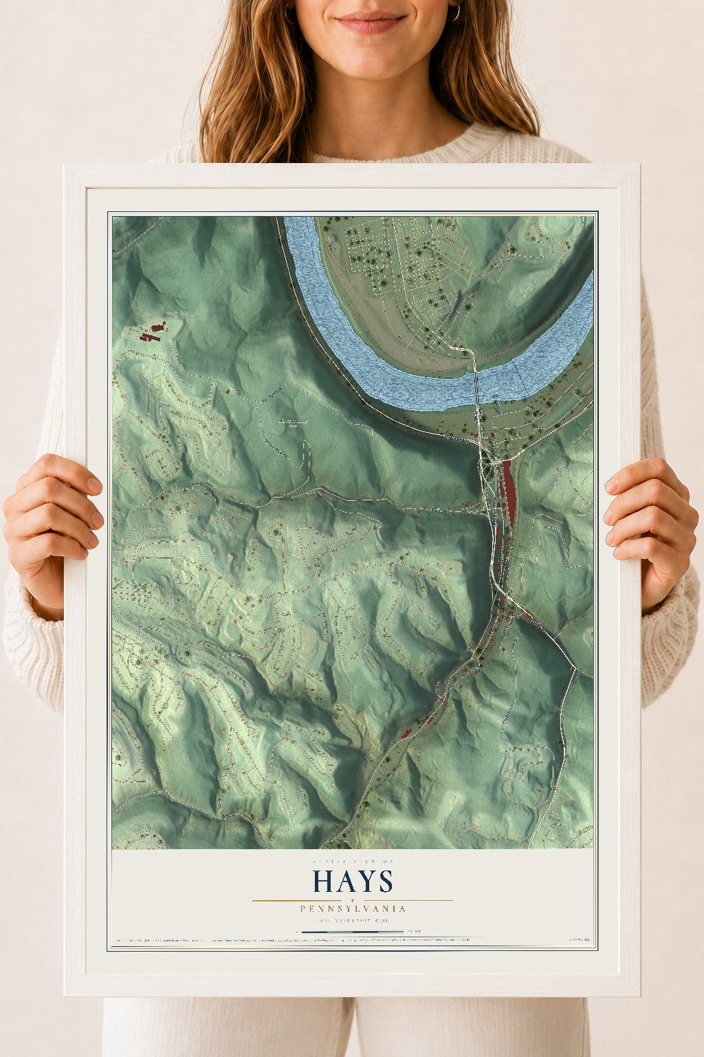 Map of Hays, Pennsylvania, 18 x 24 inch print in a white wood frame