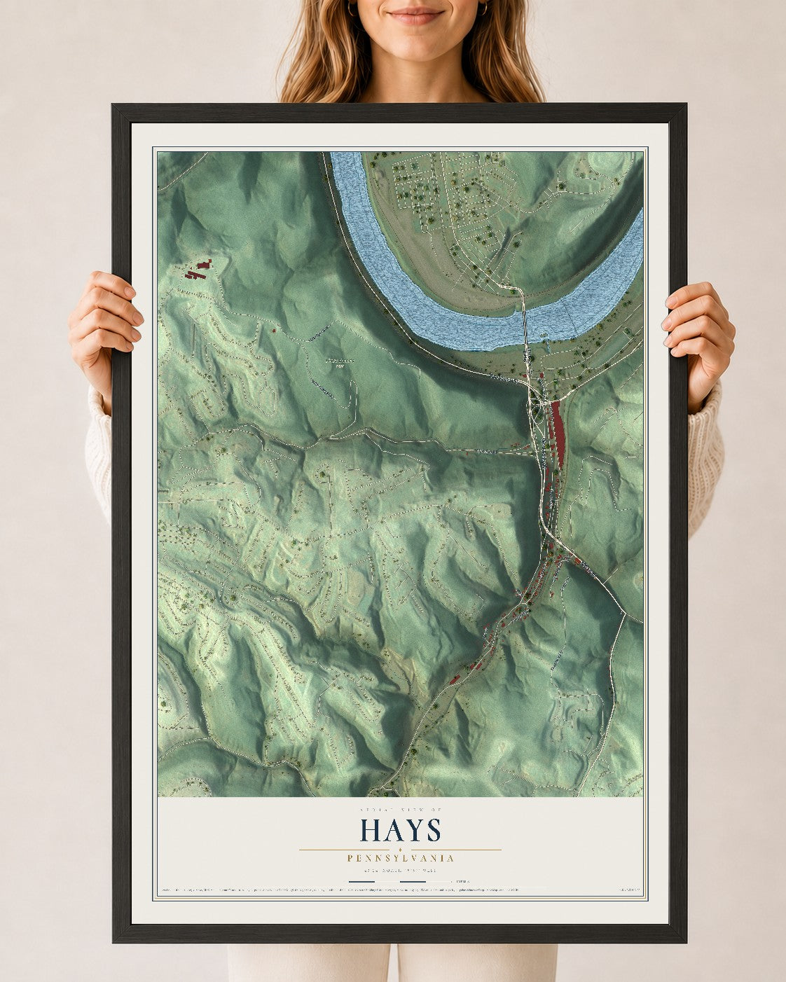 Map of Hays, Pennsylvania, 24 x 36 inch print in a black wood frame