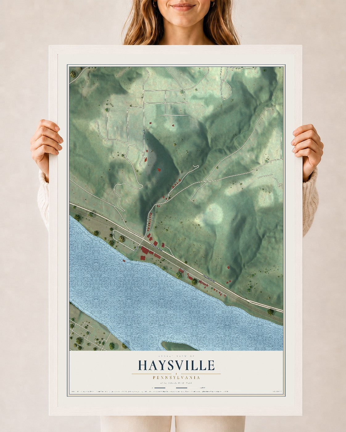 Map of Haysville, Pennsylvania, 24 x 36 inch print in a white wood frame