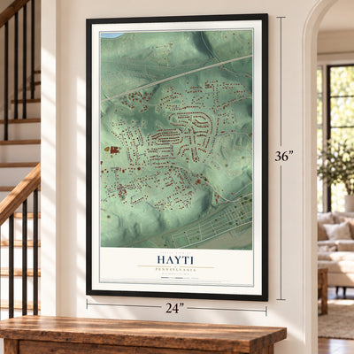 Hayti, Pennsylvania map, 24 x 36 inch print in a black frame by a staircase