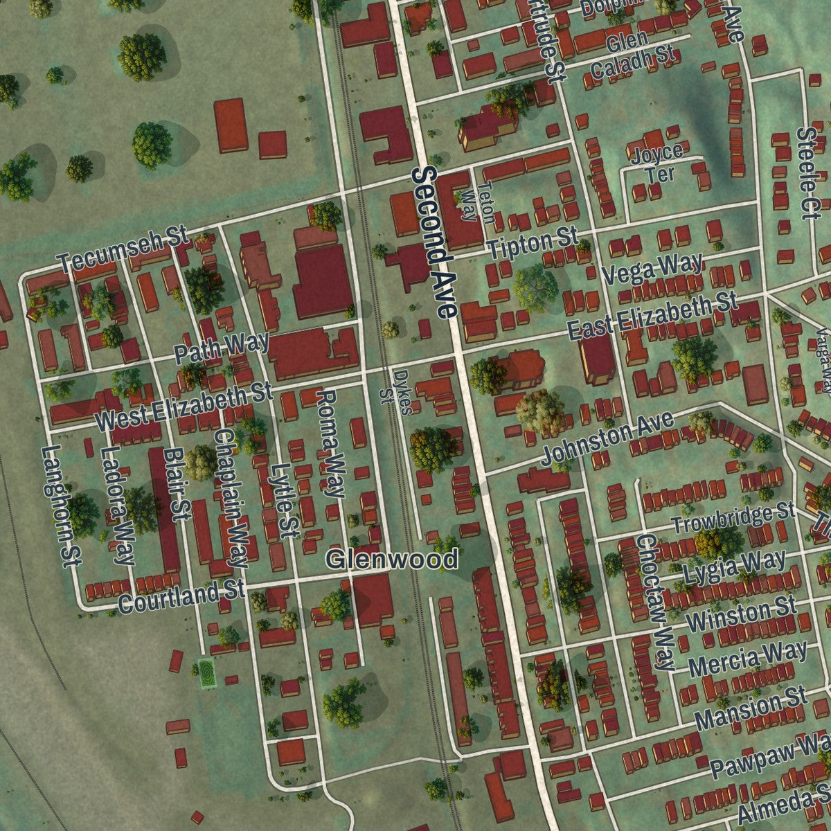 Close-up of the map of Hazelwood, Pennsylvania print showing street and building detail