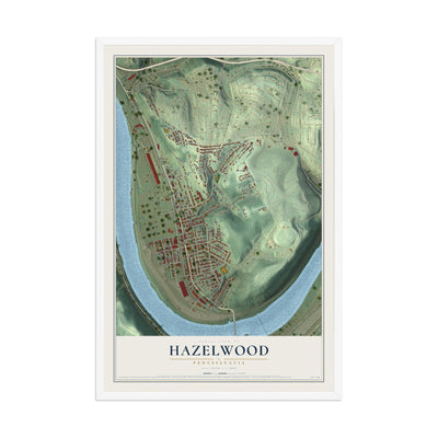 Map of Hazelwood, Pennsylvania, 12 x 18 inch print in a white wood frame