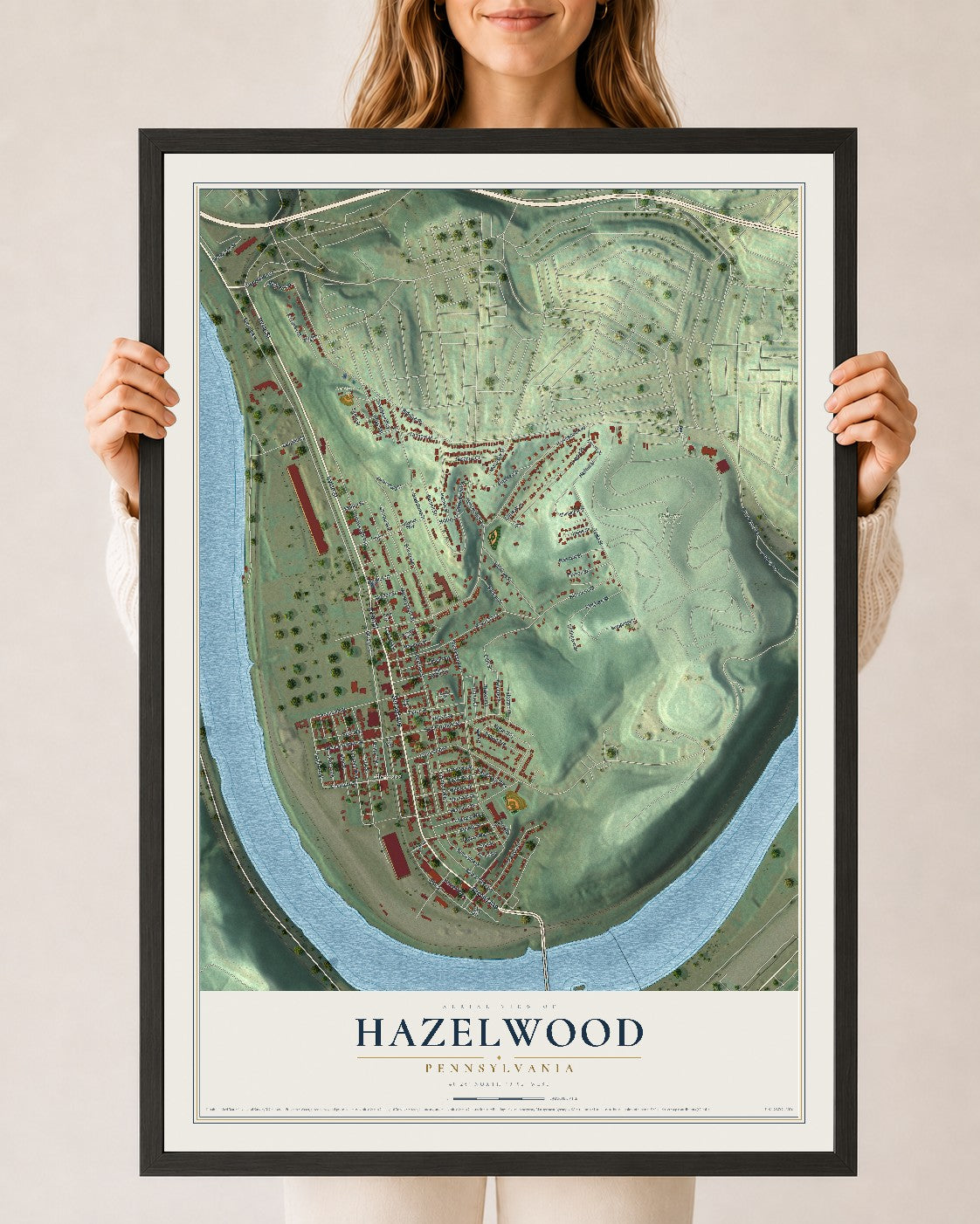 Map of Hazelwood, Pennsylvania, 24 x 36 inch print in a black wood frame