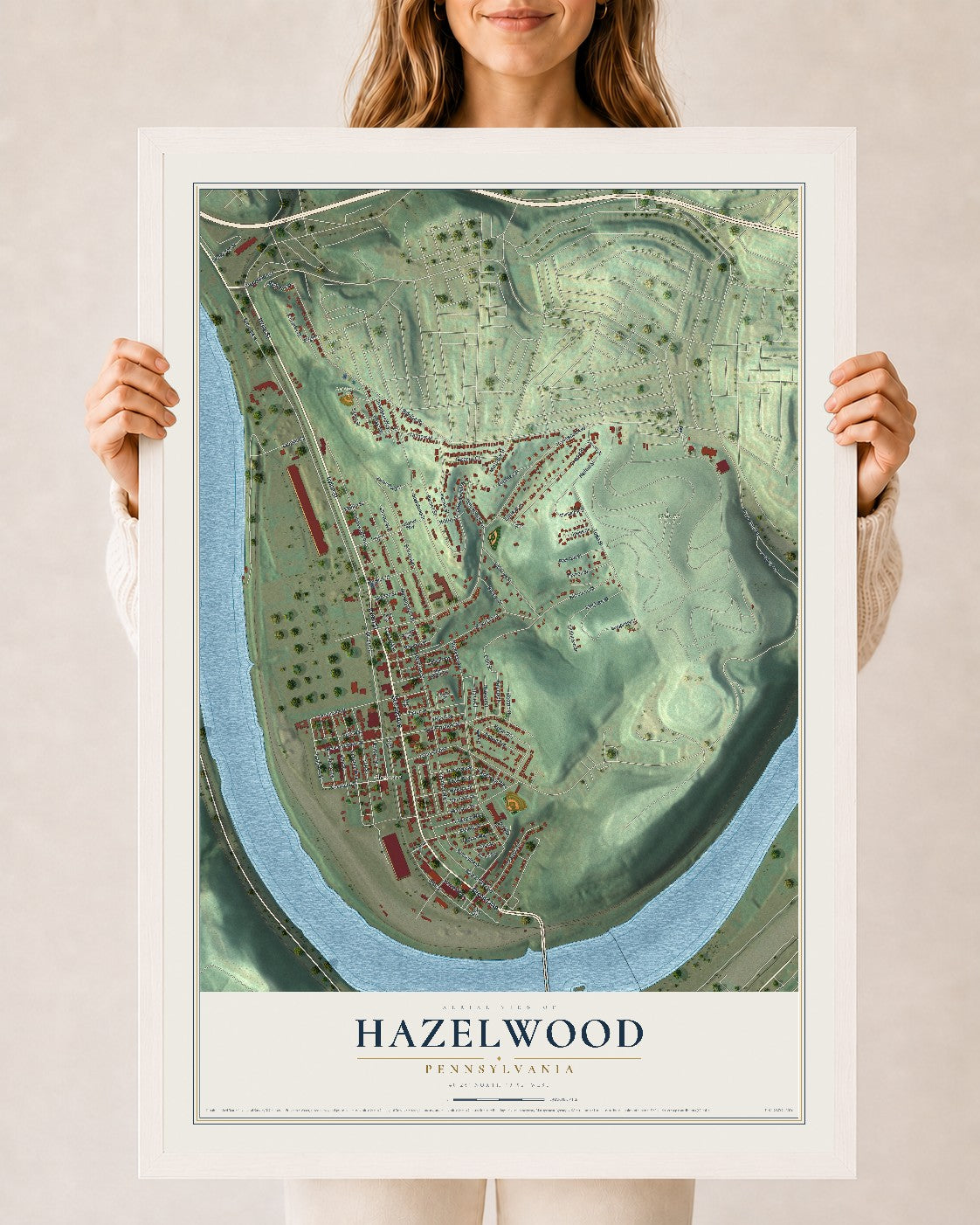 Map of Hazelwood, Pennsylvania, 24 x 36 inch print in a white wood frame