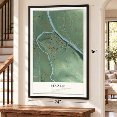 Hazen, Pennsylvania map, 24 x 36 inch print in a black frame by a staircase