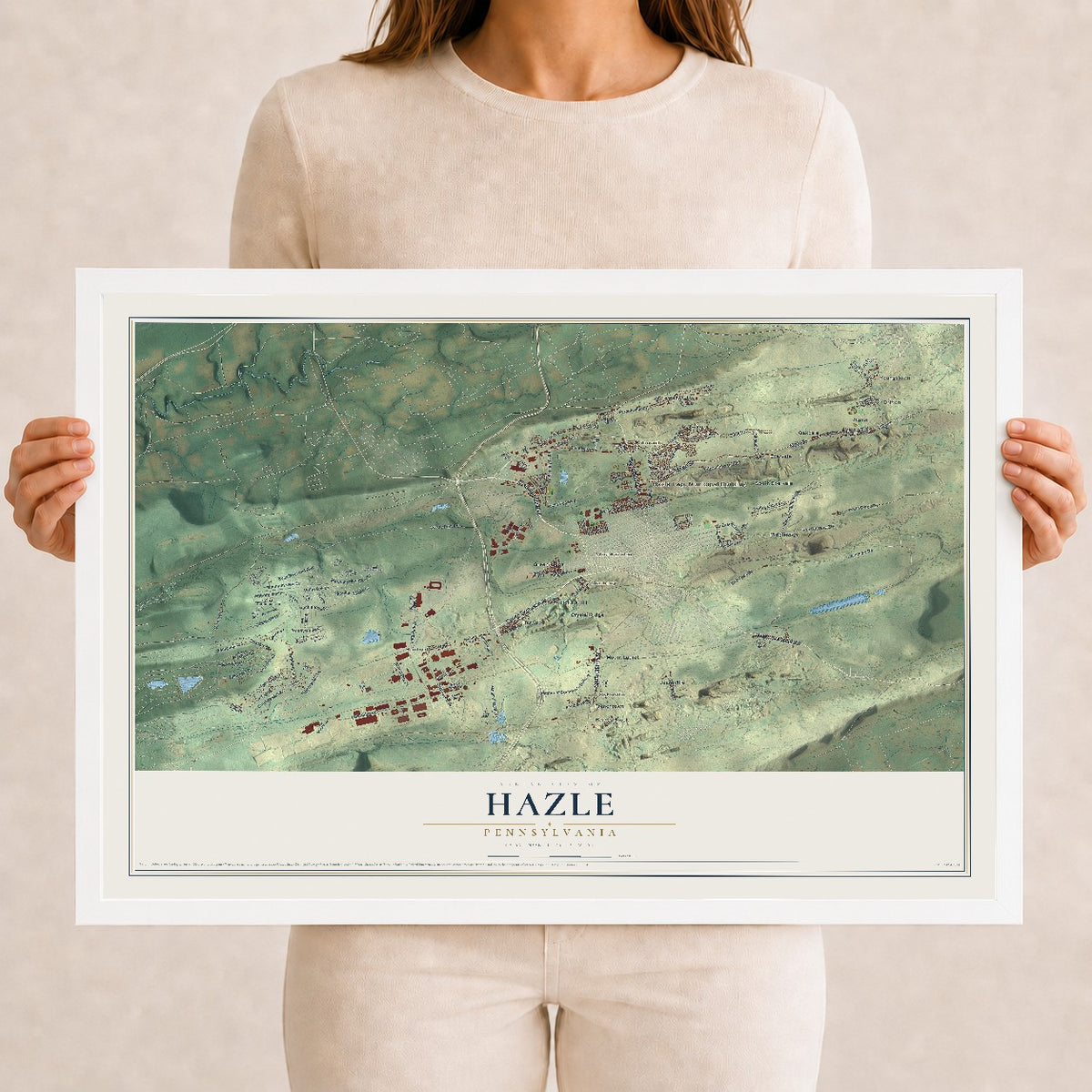 Map of Hazle, Pennsylvania, 12 x 18 inch print in a white wood frame