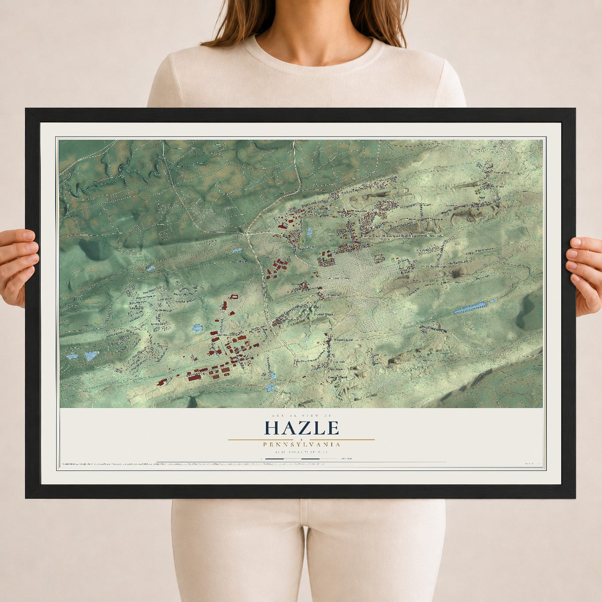 Map of Hazle, Pennsylvania, 18 x 24 inch print in a black wood frame