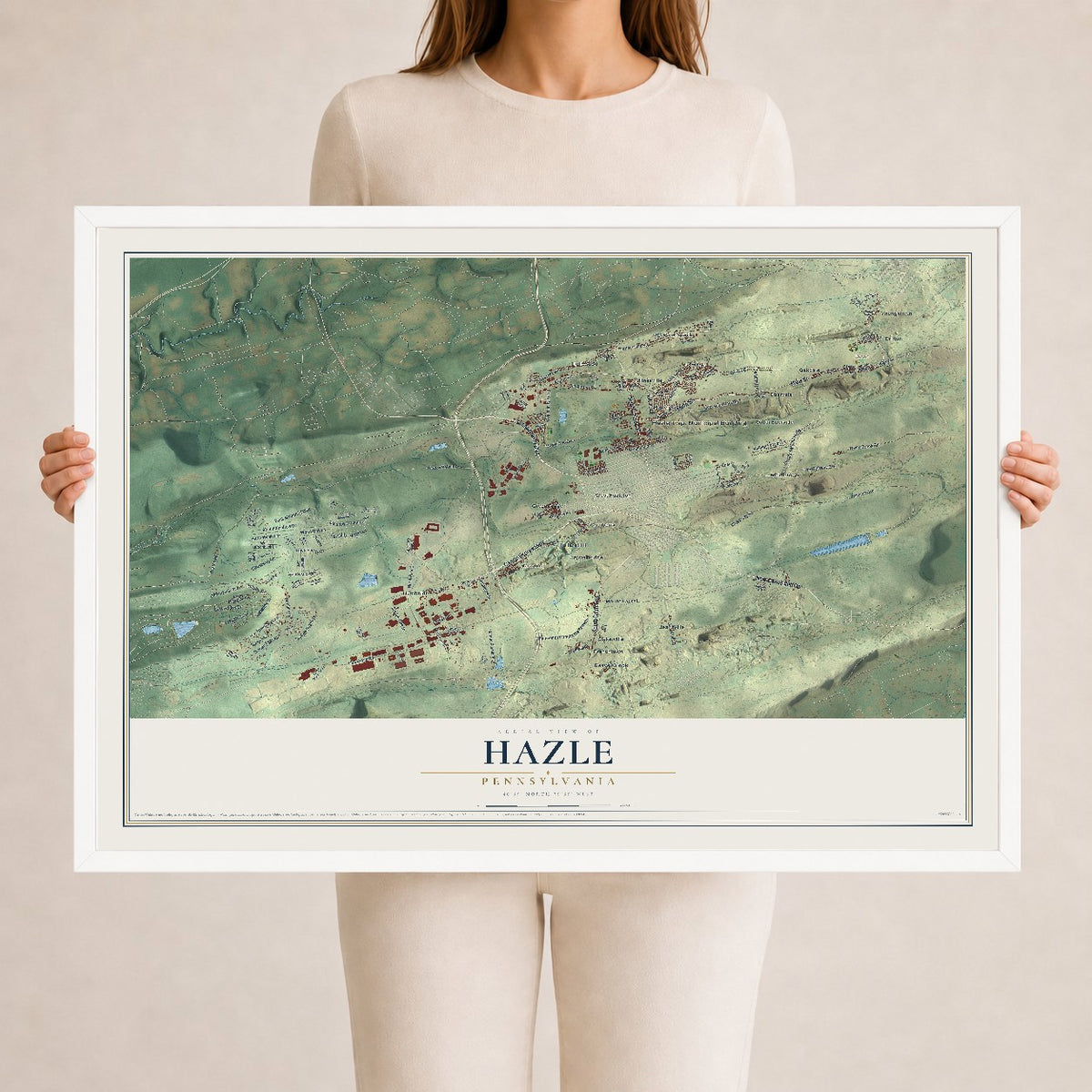 Map of Hazle, Pennsylvania, 24 x 36 inch print in a white wood frame