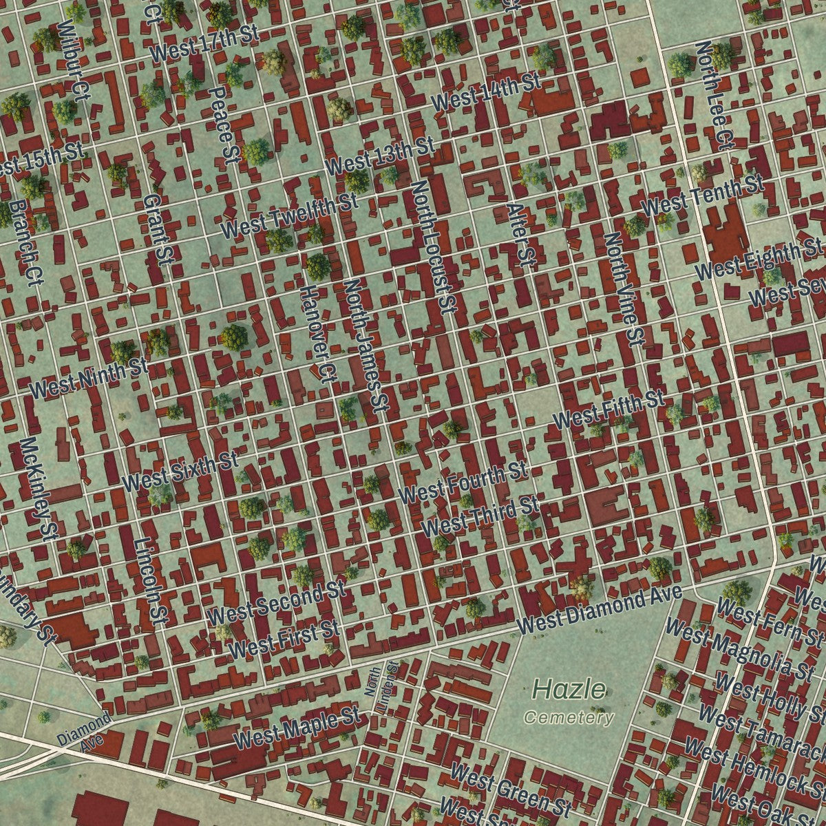 Close-up of the map of Hazleton, Pennsylvania print showing street and building detail