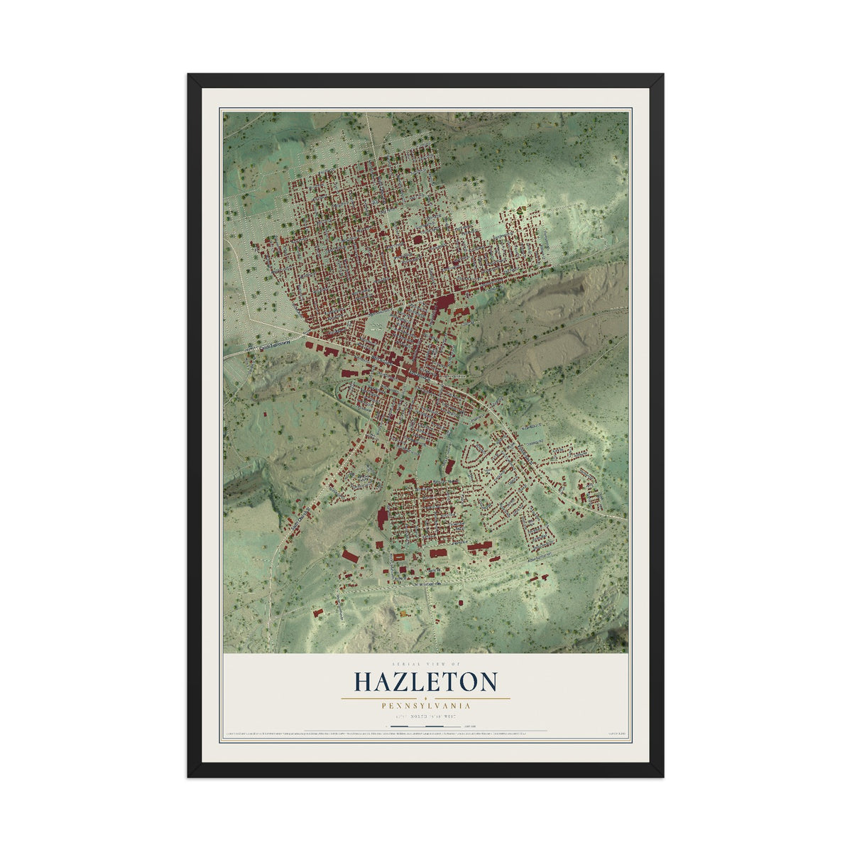 Map of Hazleton, Pennsylvania, 12 x 18 inch print in a black wood frame