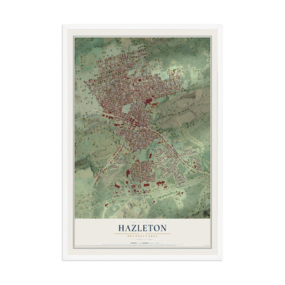 Map of Hazleton, Pennsylvania, 12 x 18 inch print in a white wood frame