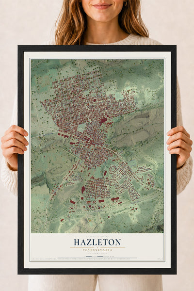 Map of Hazleton, Pennsylvania, 18 x 24 inch print in a black wood frame