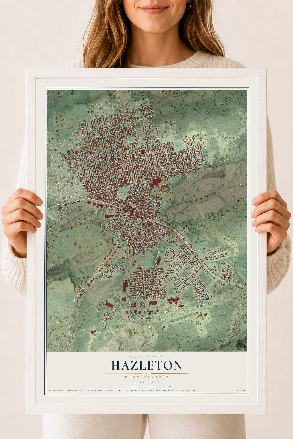 Map of Hazleton, Pennsylvania, 18 x 24 inch print in a white wood frame