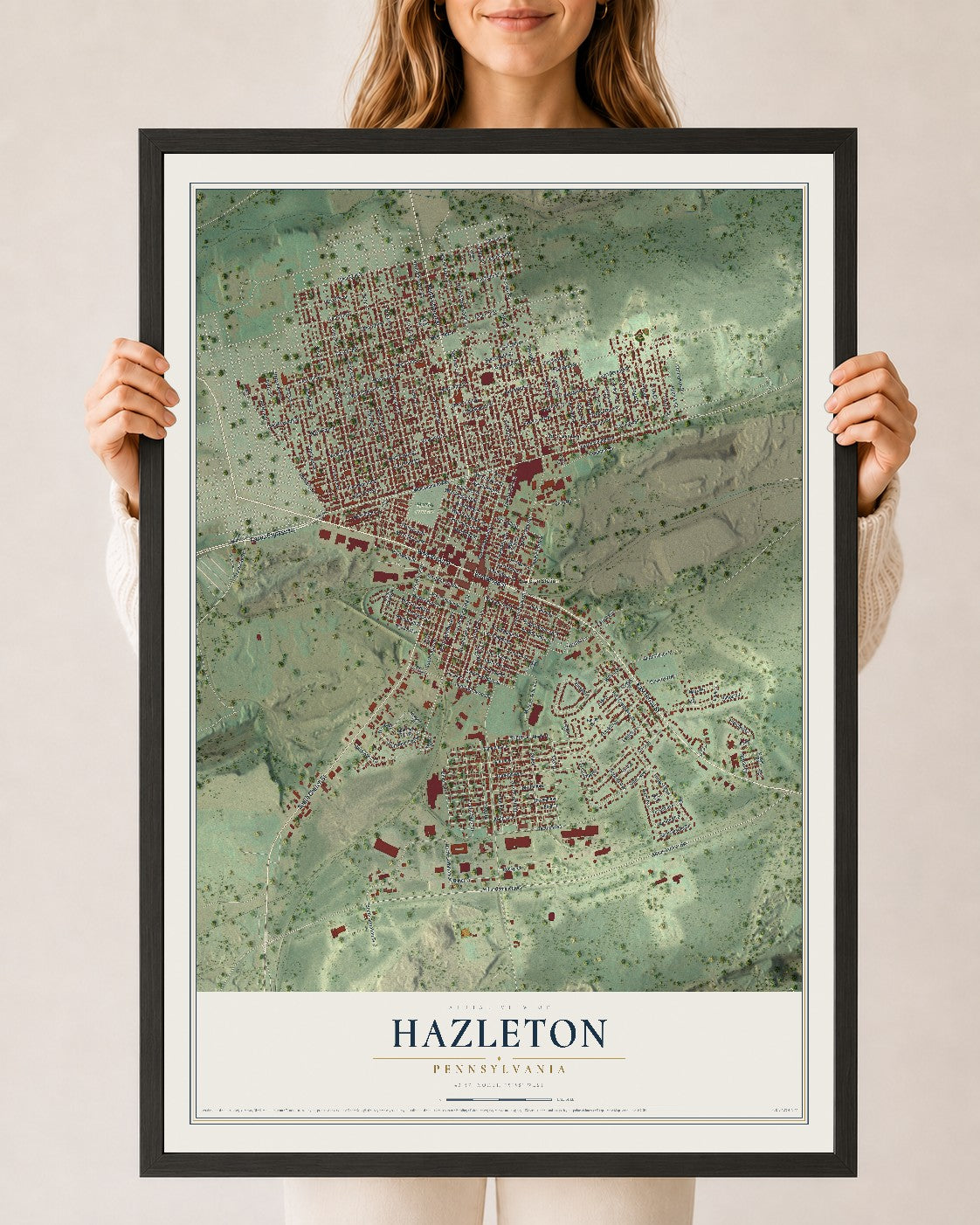 Map of Hazleton, Pennsylvania, 24 x 36 inch print in a black wood frame