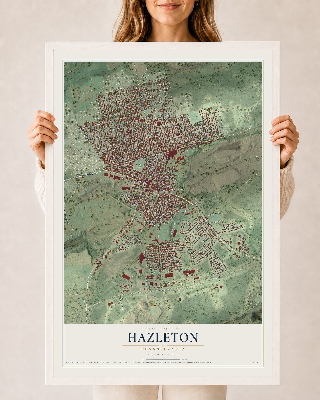 Map of Hazleton, Pennsylvania, 24 x 36 inch print in a white wood frame
