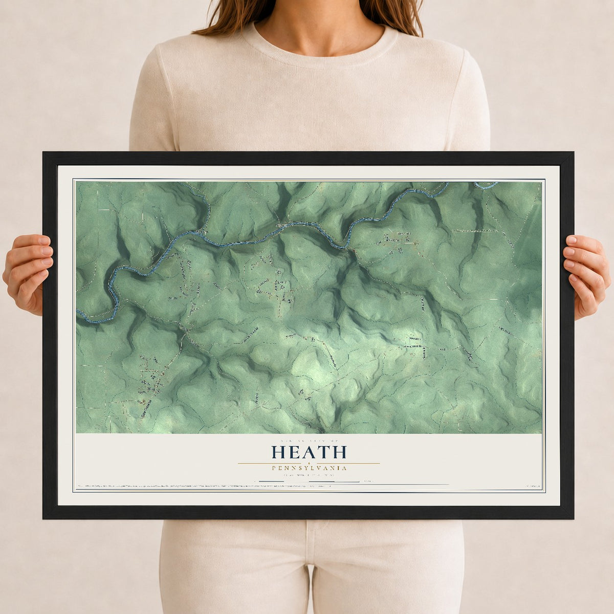 Map of Heath, Pennsylvania, 12 x 18 inch print in a black wood frame