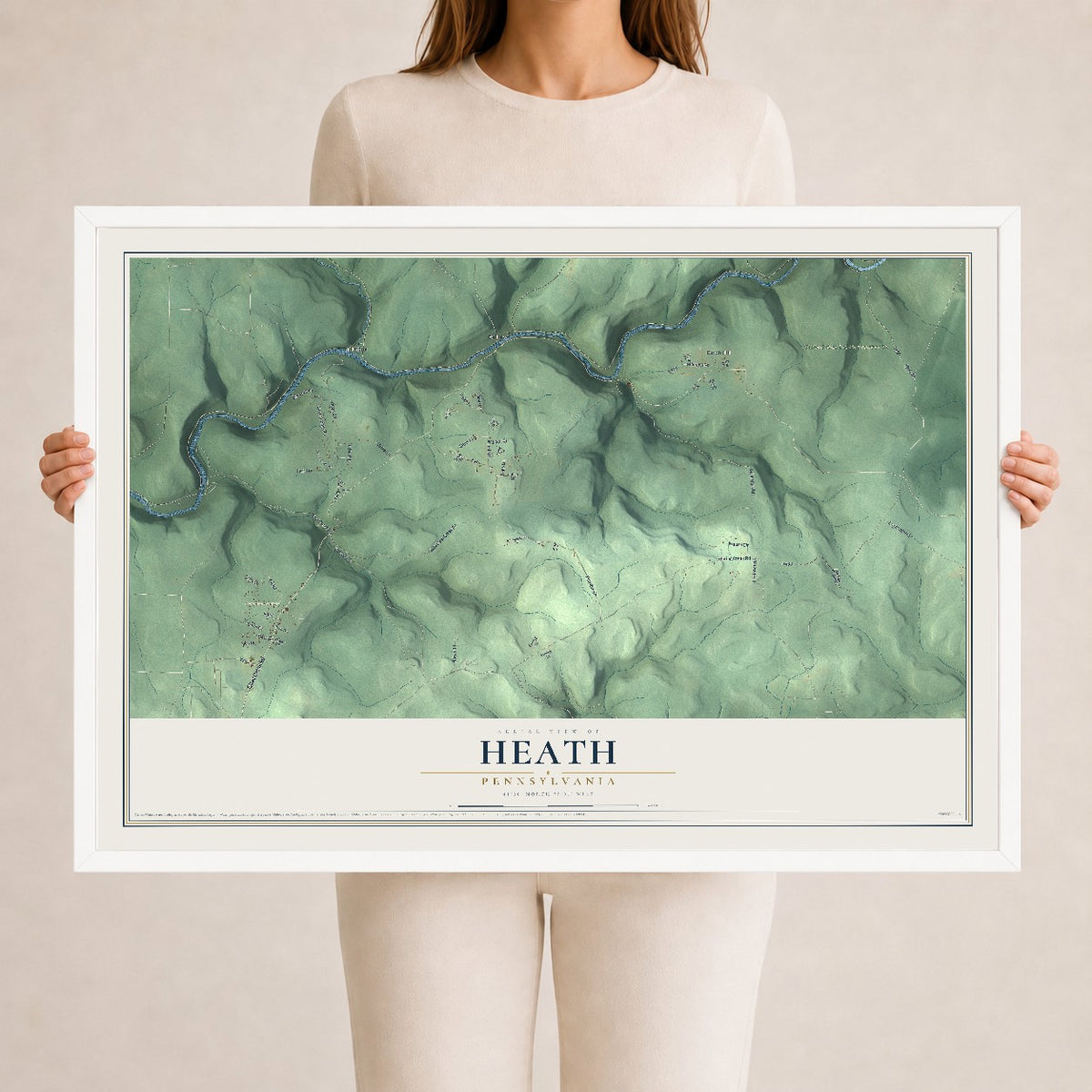 Map of Heath, Pennsylvania, 24 x 36 inch print in a white wood frame
