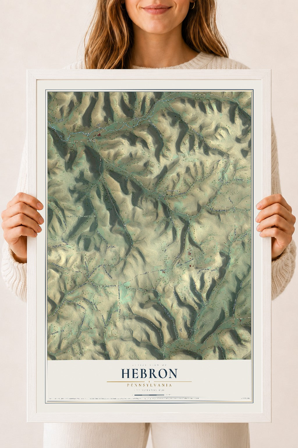 Map of Hebron, Pennsylvania, 18 x 24 inch print in a white wood frame