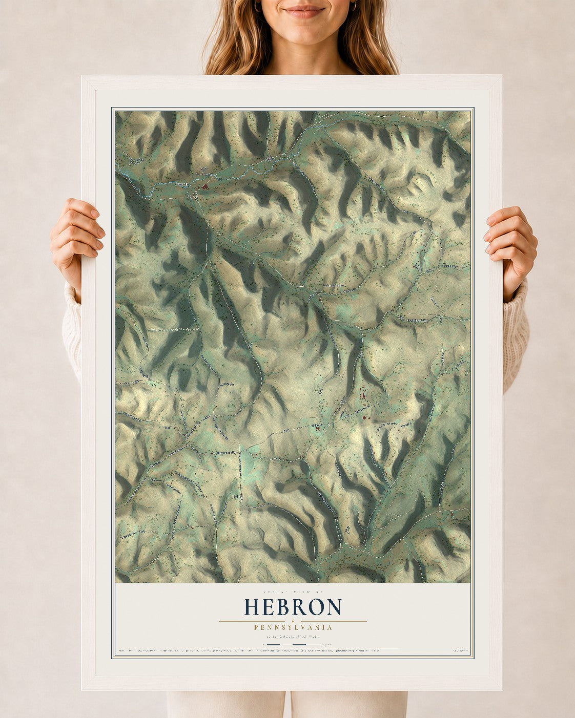 Map of Hebron, Pennsylvania, 24 x 36 inch print in a white wood frame