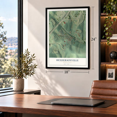 Hendersonville, Pennsylvania map, 18 x 24 inch print in a black frame in a home office