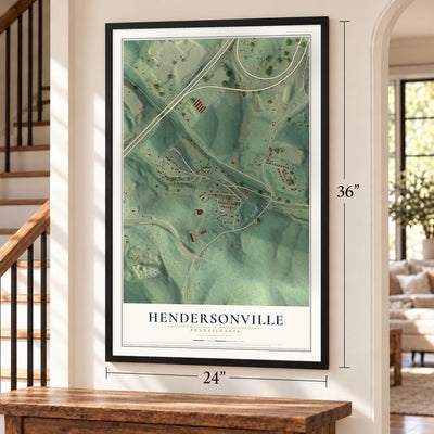 Hendersonville, Pennsylvania map, 24 x 36 inch print in a black frame by a staircase