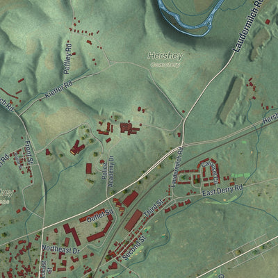 Second close-up of the map of Hershey, Pennsylvania print showing more streets and buildings