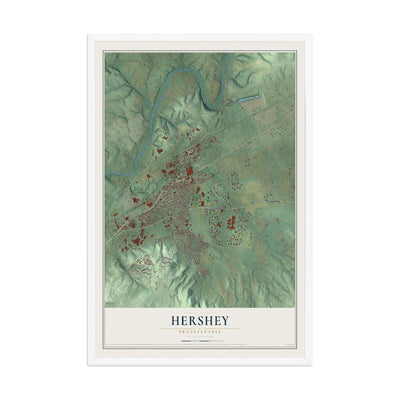 Map of Hershey, Pennsylvania, 12 x 18 inch print in a white wood frame