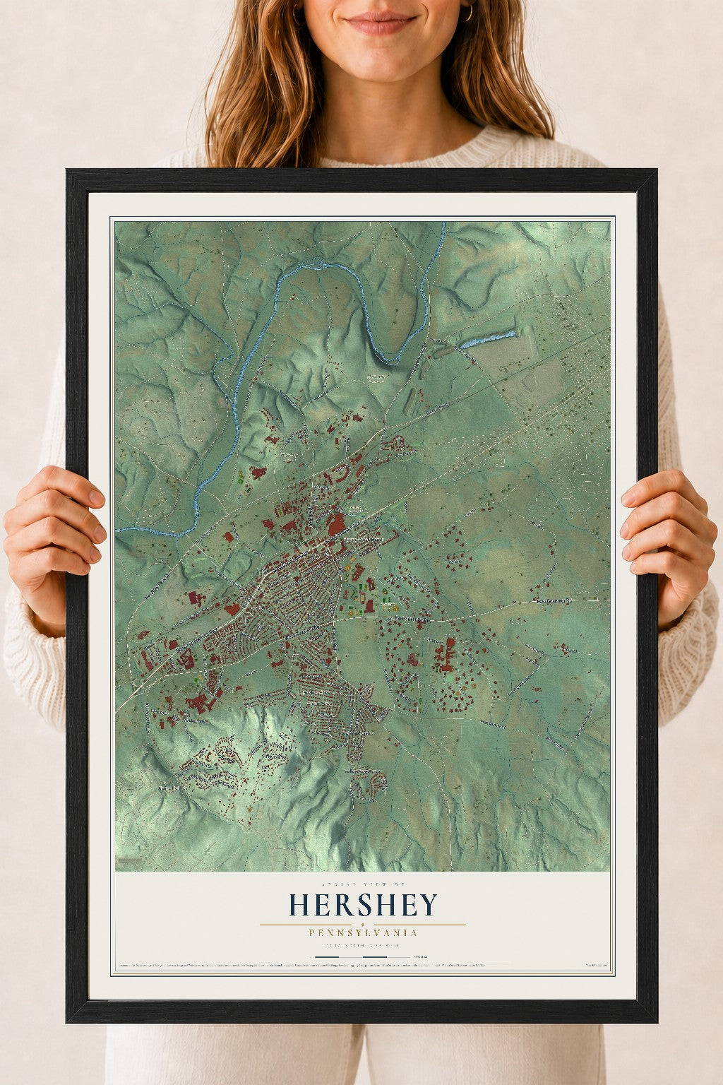 Map of Hershey, Pennsylvania, 18 x 24 inch print in a black wood frame