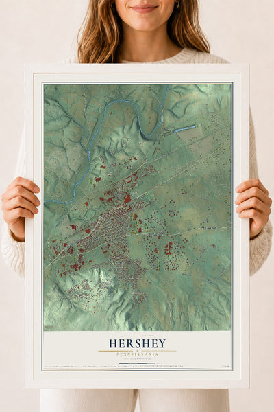Map of Hershey, Pennsylvania, 18 x 24 inch print in a white wood frame