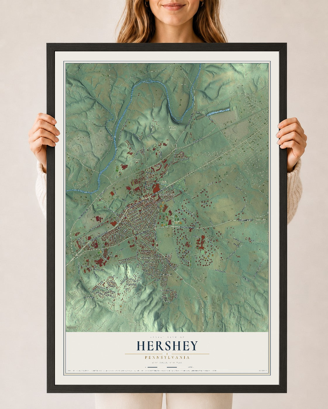 Map of Hershey, Pennsylvania, 24 x 36 inch print in a black wood frame